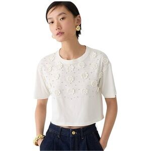 J Crew White Crochet Flower Beaded Short Sleeve Cropped Tee Womens Size XXS
